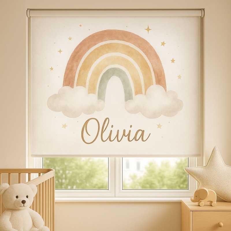 Estor infantil personalizado Arcoíris Acuarela 16-26· Decoración bebé niña · Enrollable a medida · Hecho en España