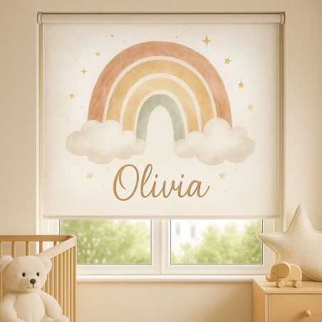 Estor infantil personalizado Arcoíris Acuarela 16-26· Decoración bebé niña · Enrollable a medida · Hecho en España