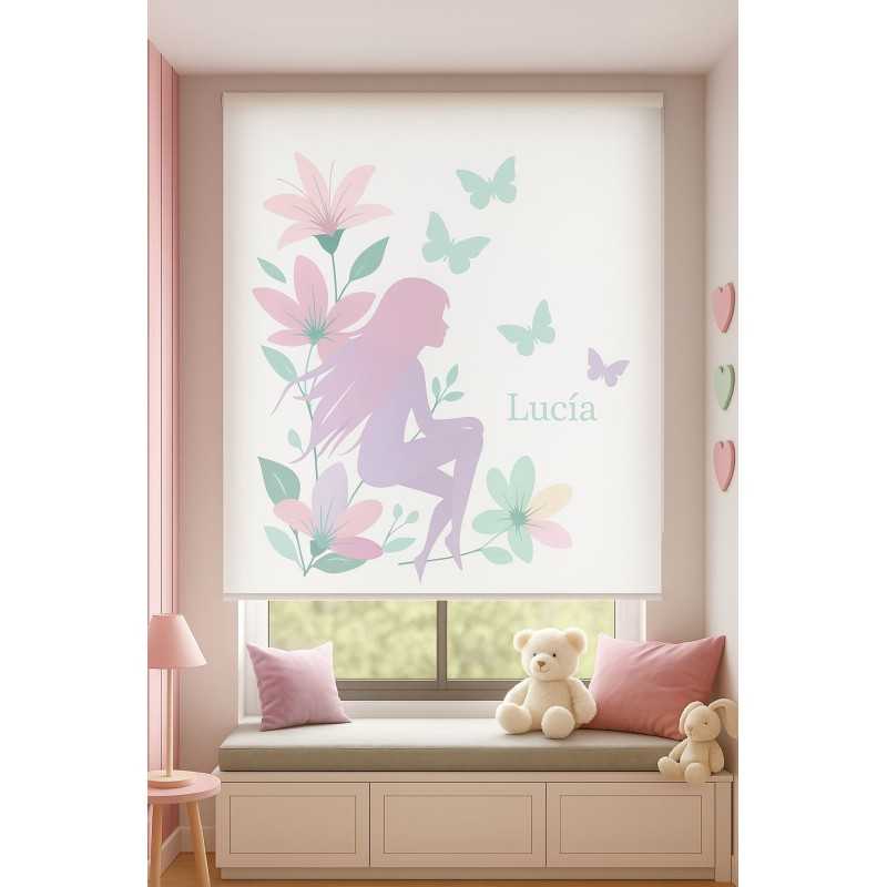Estor Infantil Personalizado con Nombre · Hada con Flores y Mariposas · A Medida · Tejido Premium y Estampación Digital HD