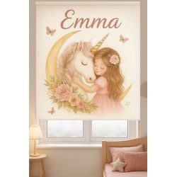 Estor Infantil Personalizado con Nombre – Unicornio y Niña | Luna Dorada | Estores Enrollables Niña