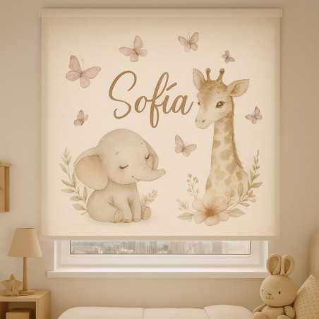 Estor Infantil Personalizado Sofía Elefante y Jirafa | Bebé Niña