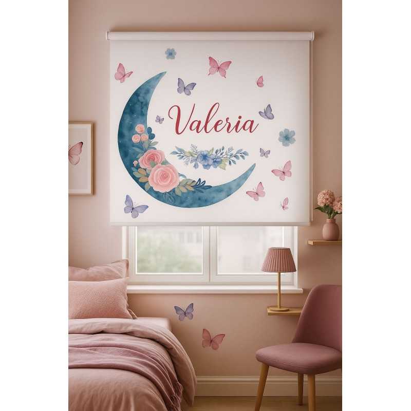 Estor juvenil personalizado Valeria | Luna y mariposas en acuarela