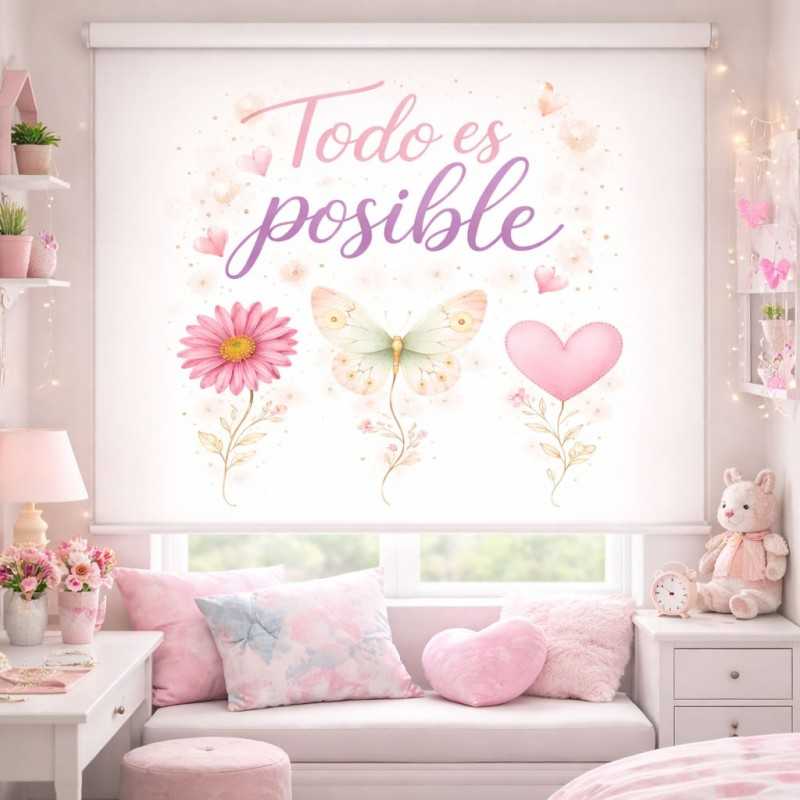 Estor enrollable juvenil para chicas con frase Todo es Posible| Estores Iroa