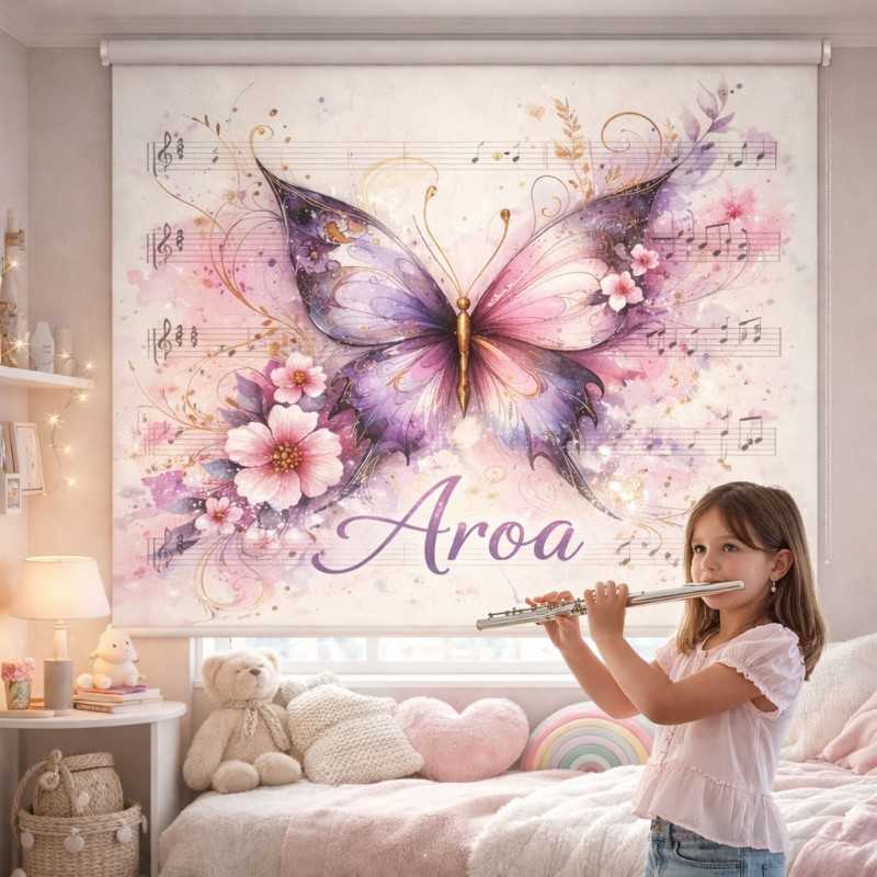 Estor Enrollable Infantil y Juvenil Personalizado con Nombre – Mariposa Musical Acuarela | Estores Iroa
