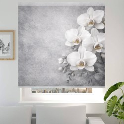 Estor enrollable decorativo para baño Diseño floral exclusivo con orquídeas blancas Fondo gris texturizado de estilo moderno