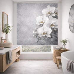 Estor enrollable decorativo para baño Diseño floral exclusivo con orquídeas blancas Fondo gris texturizado de estilo moderno