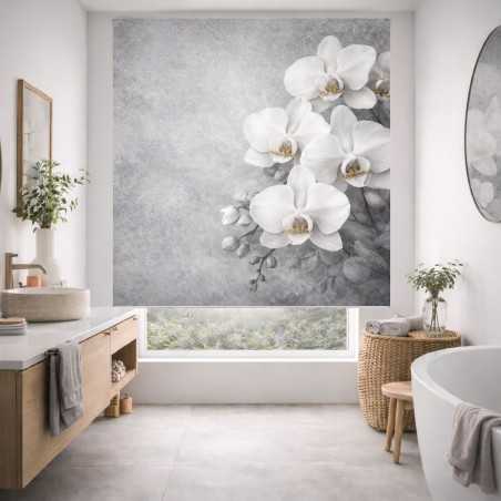 Estor enrollable decorativo para baño Diseño floral exclusivo con orquídeas blancas Fondo gris texturizado de estilo moderno