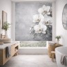 Estor enrollable decorativo para baño Diseño floral exclusivo con orquídeas blancas Fondo gris texturizado de estilo moderno