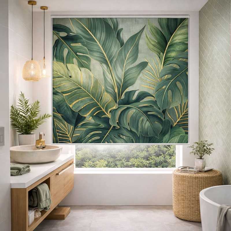 Estor Enrollable de Baño Tropical Verde con Dorado | Estores Iroa
