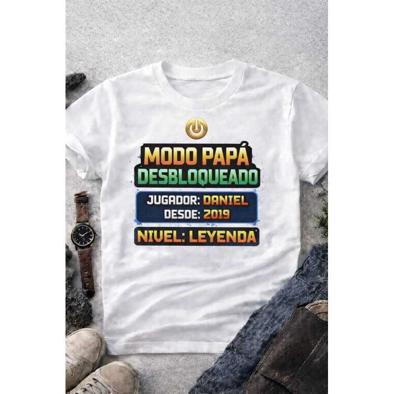 Camiseta Modo Papá Desbloqueado Personalizada | Nombre y Año
