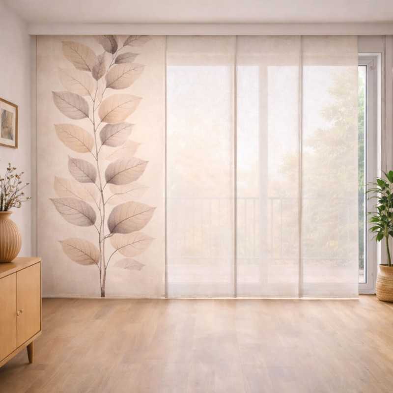 Panel japonés a medida beige hojas | Panel japonés translúcido para ventanal corredero