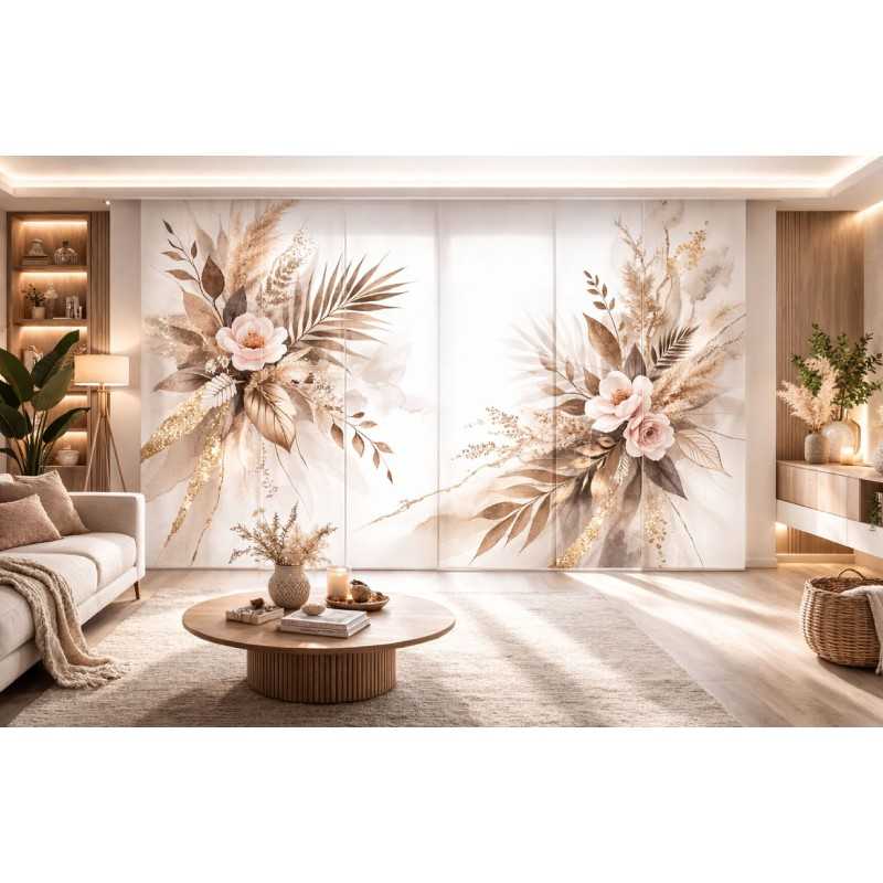 Panel japonés floral beige a medida | Cortinas japonesas modernas Aura | Estores Iroa
