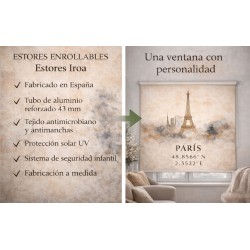 Estor Enrollable París Personalizado con Coordenadas | Estor Decorativo Torre Eiffel | Estores Iroa