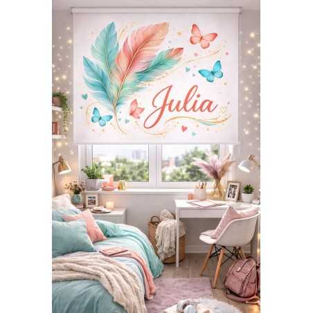 Estor personalizado con nombre | Estor juvenil plumas y mariposas