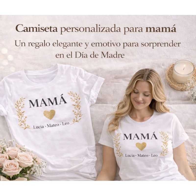 Camiseta Mamá con Nombres Personalizada | Diseño Dorado Elegante