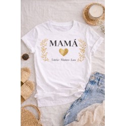 Camiseta Mamá con Nombres Personalizada | Diseño Dorado Elegante
