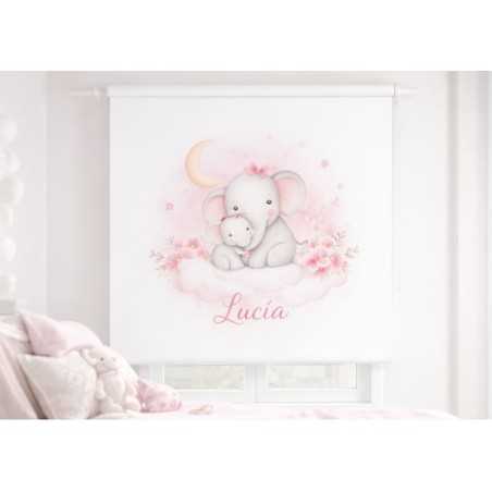Estor Infantil Personalizado con Nombre | Elefantes Rosa para Bebé | Estores Iroa