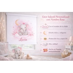 Estor Infantil Personalizado con Nombre | Elefantes Rosa para Bebé | Estores Iroa