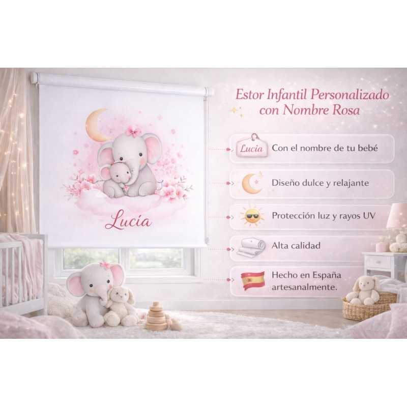 Estor Infantil Personalizado con Nombre | Elefantes Rosa para Bebé | Estores Iroa