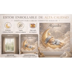 Estor enrollable infantil personalizado con nombre – Estor bebé luna y osito | Estores Iroa