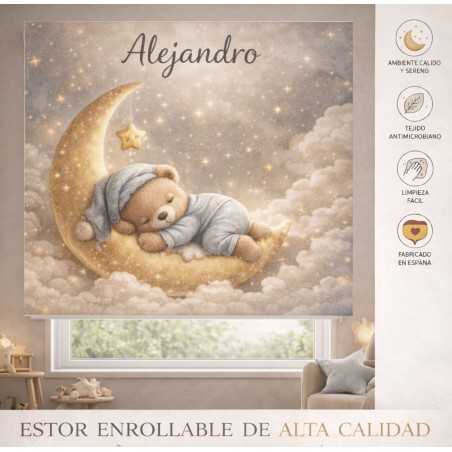 Estor enrollable infantil personalizado con nombre – Estor bebé luna y osito | Estores Iroa
