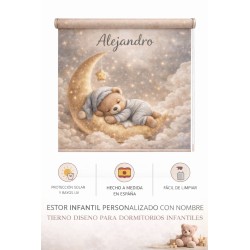 Estor enrollable infantil personalizado con nombre – Estor bebé luna y osito | Estores Iroa