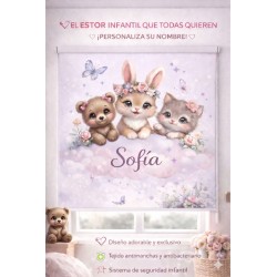 Estor enrollable infantil niña personalizado | Estor infantil con nombre | Animales bebé | Estores Iroa