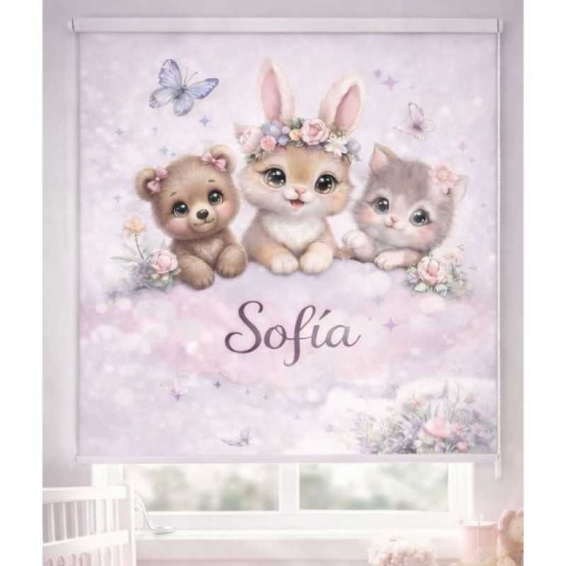 Estor enrollable infantil niña personalizado | Estor infantil con nombre | Animales bebé | Estores Iroa