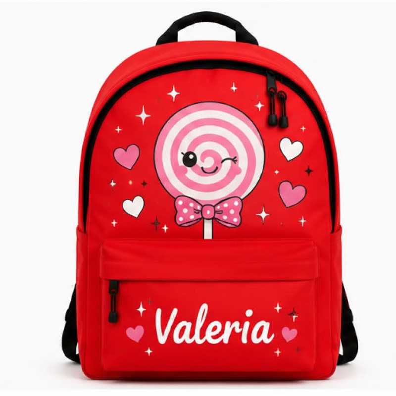 Mochila Escolar Personalizada con Nombre Piruleta | Mochila Infantil Roja | Estores Iroa