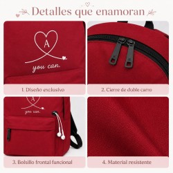 Mochila escolar juvenil roja personalizada con inicial | Heart Line| Estores Iroa