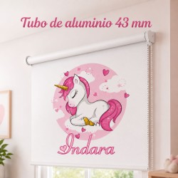 Estor Enrollable Infantil Niña Personalizado con Nombre - Diseño Unicornio Bebe Rosa y Blanco- Estores Iroa