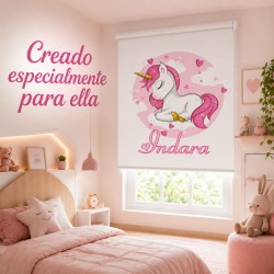 Estor Enrollable Infantil Niña Personalizado con Nombre - Diseño Unicornio Bebe Rosa y Blanco- Estores Iroa