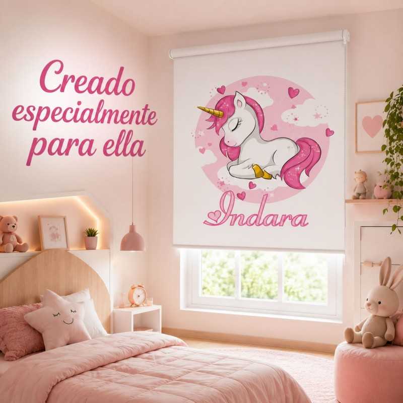 Estor Enrollable Infantil Niña Personalizado con Nombre - Diseño Unicornio Bebe Rosa y Blanco- Estores Iroa