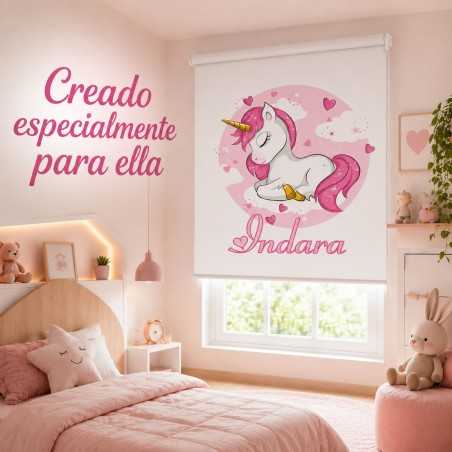 Estor Enrollable Infantil Niña Personalizado con Nombre - Diseño Unicornio Bebe Rosa y Blanco- Estores Iroa