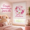 Estor Enrollable Infantil Niña Personalizado con Nombre - Diseño Unicornio Bebe Rosa y Blanco- Estores Iroa