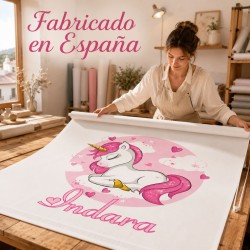 Estor Enrollable Infantil Niña Personalizado con Nombre - Diseño Unicornio Bebe Rosa y Blanco- Estores Iroa