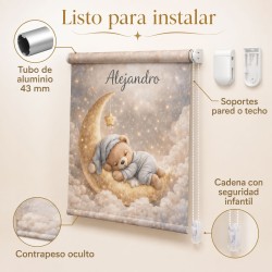 Estor enrollable infantil personalizado con nombre – Estor bebé luna y osito | Estores Iroa
