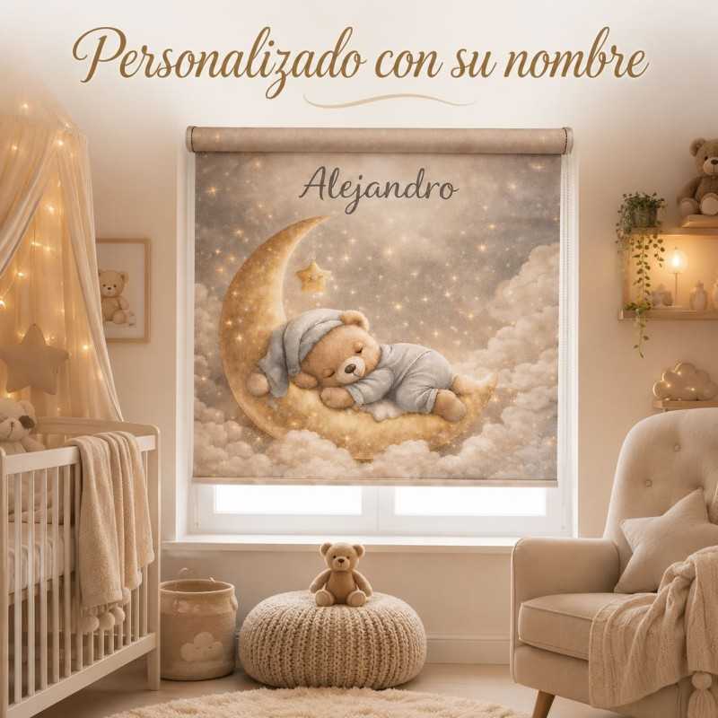 Estor enrollable infantil personalizado con nombre – Estor bebé luna y osito | Estores Iroa