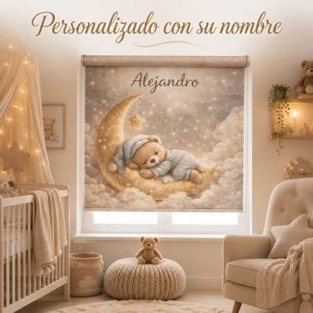 Estor enrollable infantil personalizado con nombre – Estor bebé luna y osito | Estores Iroa