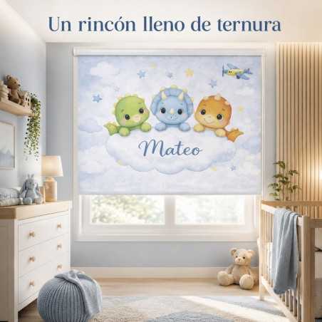 Estor Infantil Dinosaurios Personalizado con Nombre | Estor Bebé Azul | Estores Iroa