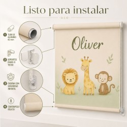 Estor enrollable Infantil Personalizado con Nombre – Animales Baby Jungle ( Niño Unisex)
