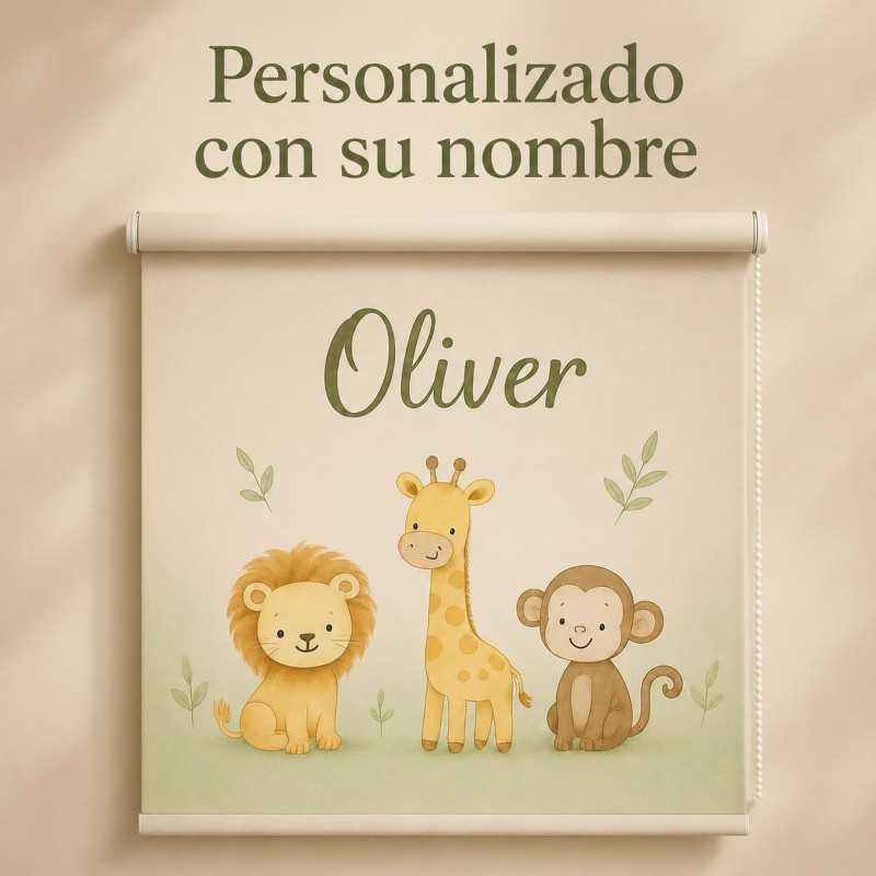 Estor enrollable Infantil Personalizado con Nombre – Animales Baby Jungle ( Niño Unisex)