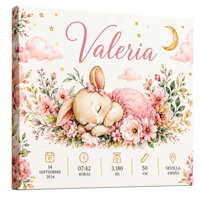 Cuadro Natalicio Bebé Niña Conejita Floral | Estores Iroa