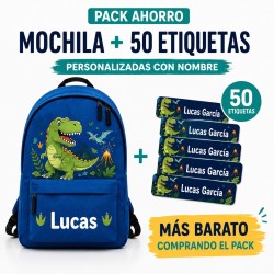 Pack Mochila Infantil Personalizada + 50 Etiquetas Escolares con Nombre – Dinosaurio Infantil Blue