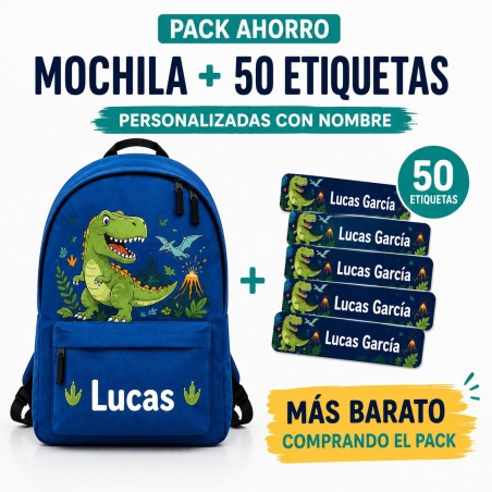 Pack Mochila Infantil Personalizada + 50 Etiquetas Escolares con Nombre – Dinosaurio Infantil Blue
