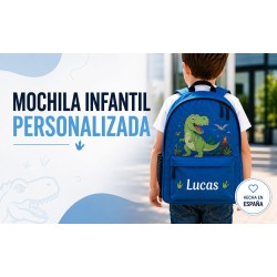Pack Mochila Infantil Personalizada + 50 Etiquetas Escolares con Nombre – Dinosaurio Infantil Blue