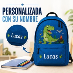 Pack Mochila Infantil Personalizada + 50 Etiquetas Escolares con Nombre – Dinosaurio Infantil Blue