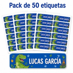 Pack Mochila Infantil Personalizada + 50 Etiquetas Escolares con Nombre – Dinosaurio Infantil Blue