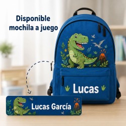 Pack Mochila Infantil Personalizada + 50 Etiquetas Escolares con Nombre – Dinosaurio Infantil Blue