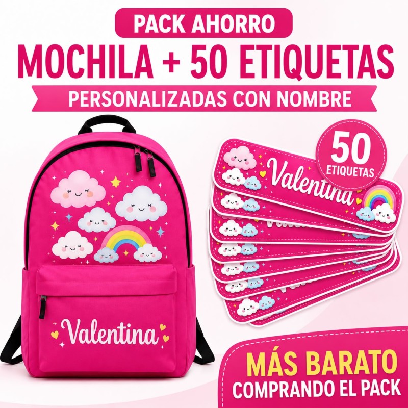 Pack Mochila Infantil Personalizada + 50 Etiquetas Escolares con Nombre – Nubes y Arcoíris